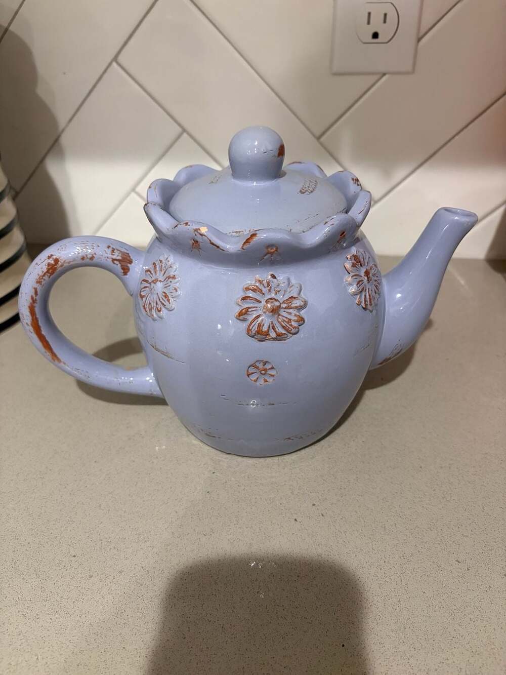 Countryside Ceramic Teapot with Floral Embossed Details and Distressed Finish
